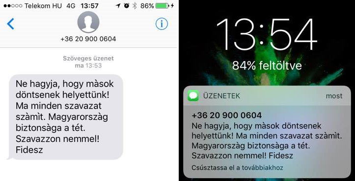 « Ne laissez pas les autres décider pour nous ! Aujourd'hui, chaque vote compte. La sécurité de la Hongrie est en jeu. Votez non ! Fidesz ». Captures d'écran de deux SMS envoyés par Fidesz.