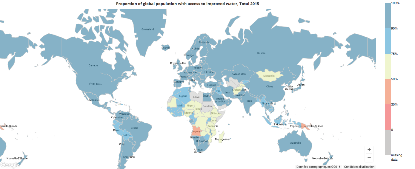 « Proportion de la population mondiale avec un accès à l'eau potable, 2015 ». Crédit : données infographiques Google 2016 (http://www.wssinfo.org/data-estimates/maps/).