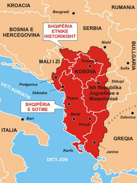Le territoire albanais s'étendait sur le Monténégro, la Serbie, le Kosovo, la Macédoine et la Grèce. Licence CC-BY-SA-3.